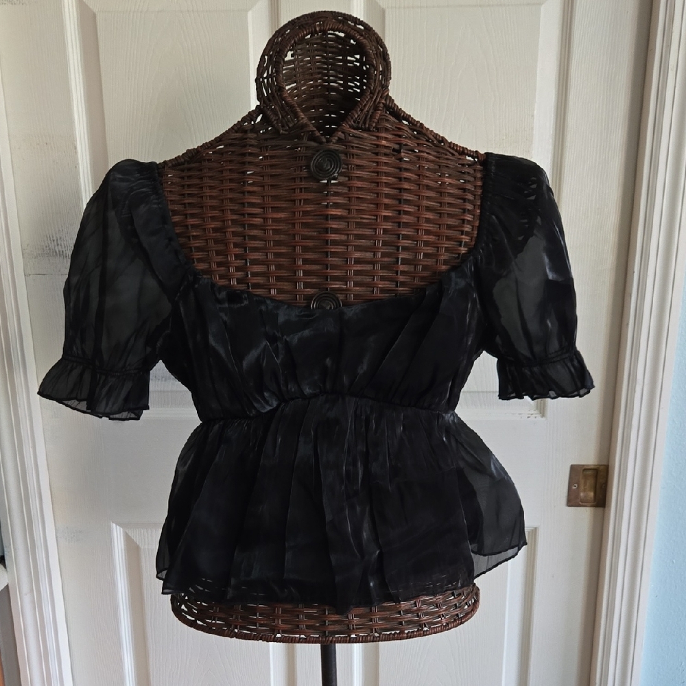 Thirty/Thirty Chic Black Sheer Women's Blouse with Puffed Sleeves